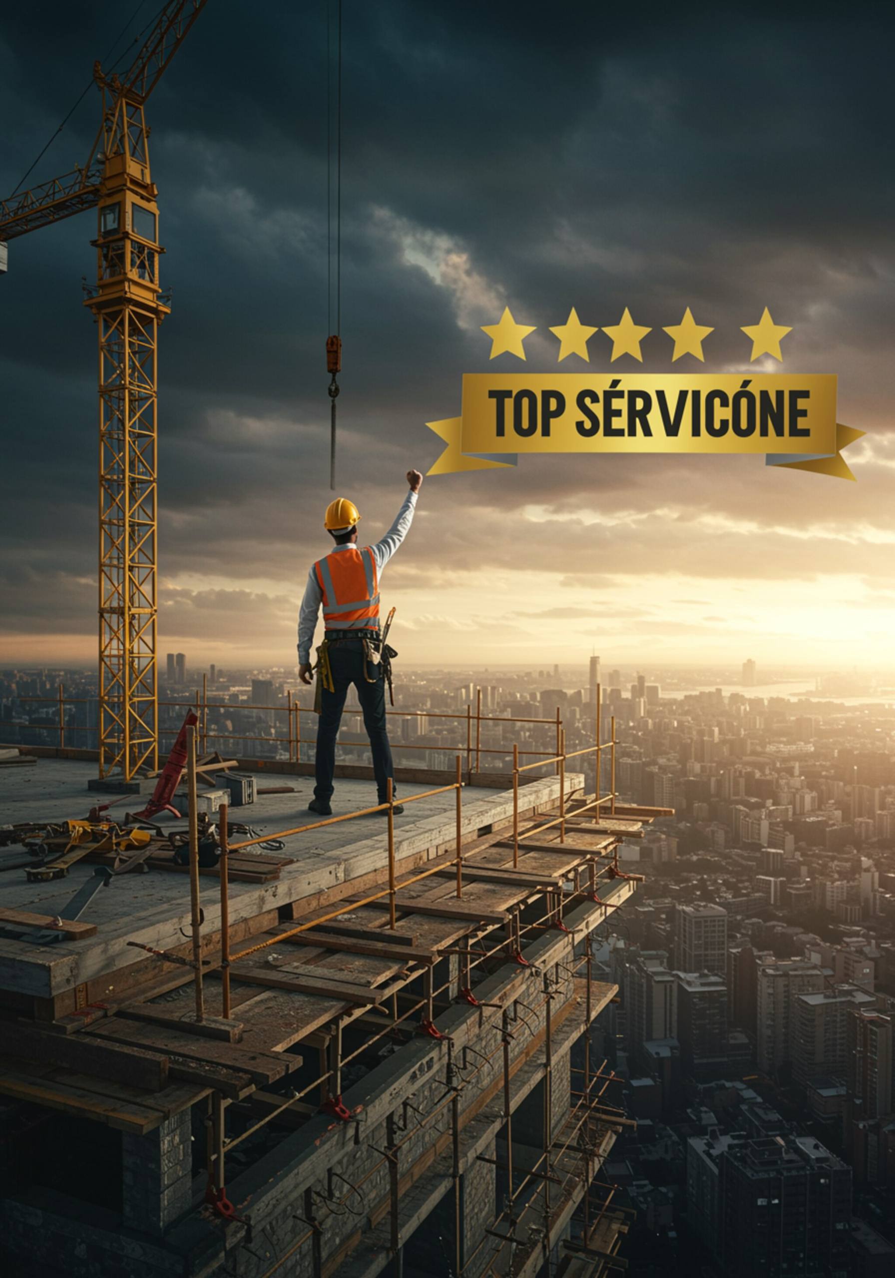 "Ilustración llamativa de un supervisor de construcción levantando un casco de seguridad en un edificio en construcción, con un banner dorado que dice 'Top Service' y un cielo dramático."