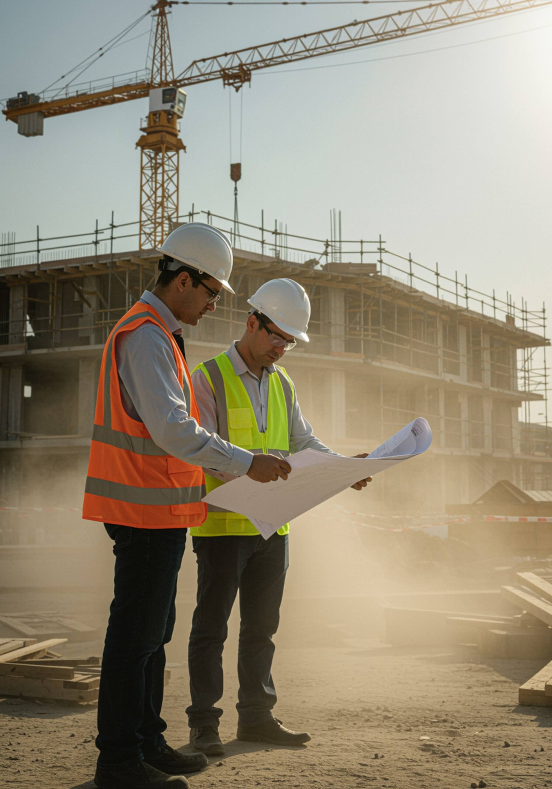 "Supervisores de construcción en un sitio de obras analizando planos, con cascos blancos y chalecos reflectantes, rodeados de grúas y andamios, capturando la esencia del trabajo en equipo."