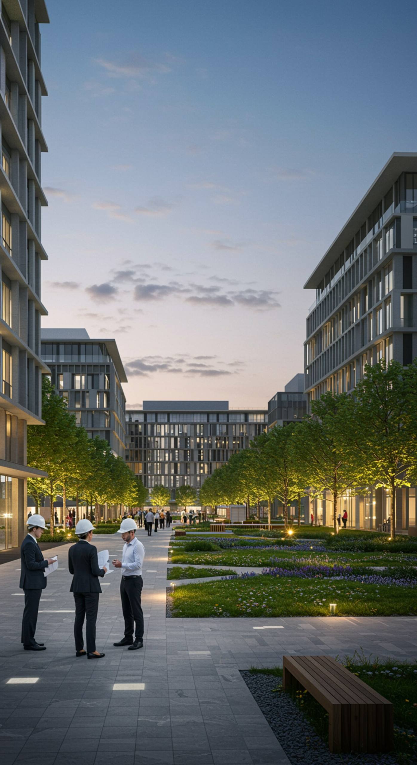 "Renderizado panorámico ultra-realista de un desarrollo de uso mixto en construcción, con profesionales y ingenieros discutiendo planes, arquitectura contemporánea y áreas verdes."