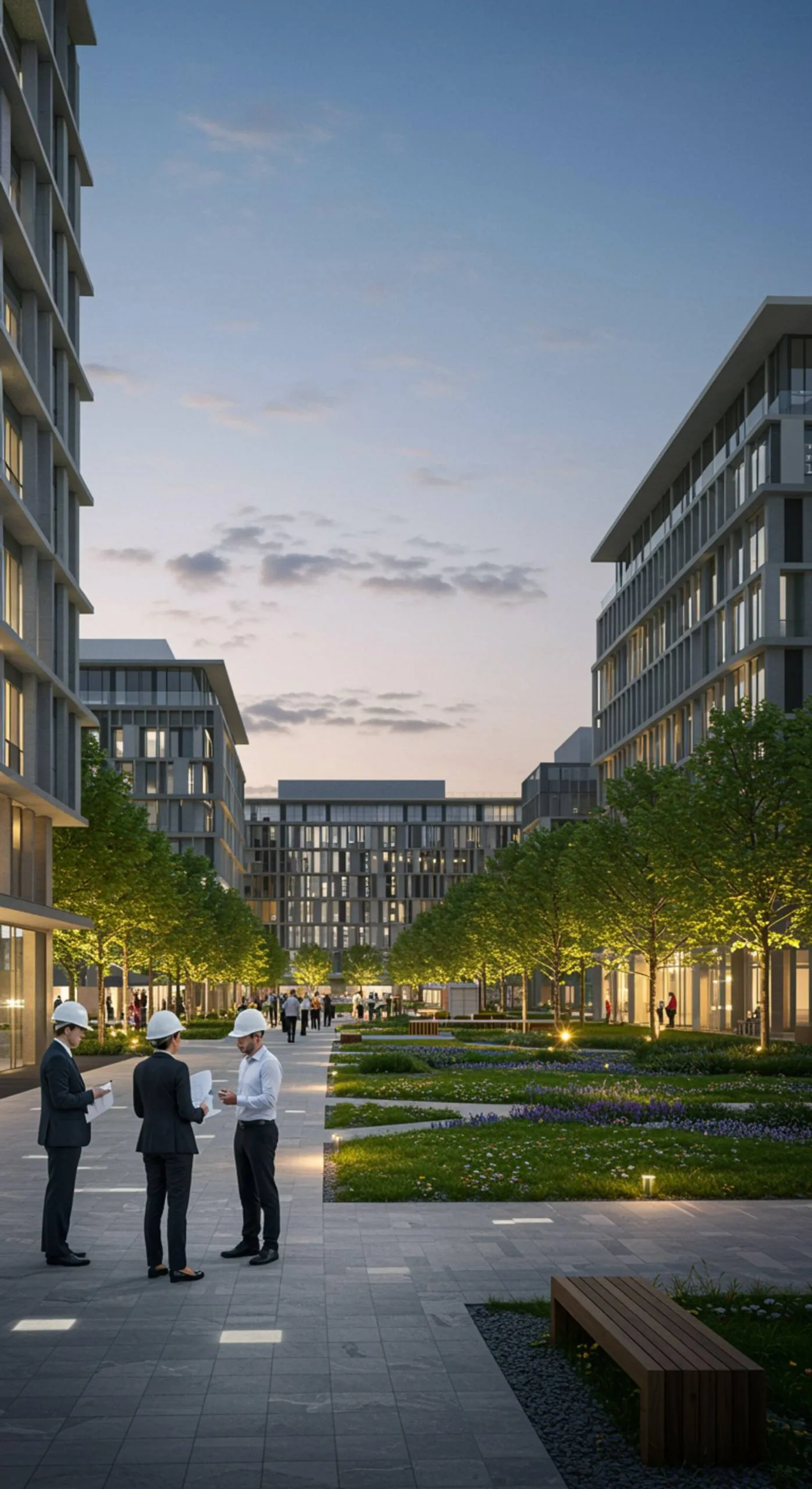 imagen17 "Renderizado panorámico ultra-realista de un desarrollo de uso mixto en construcción, con profesionales y ingenieros discutiendo planes, arquitectura contemporánea y áreas verdes."