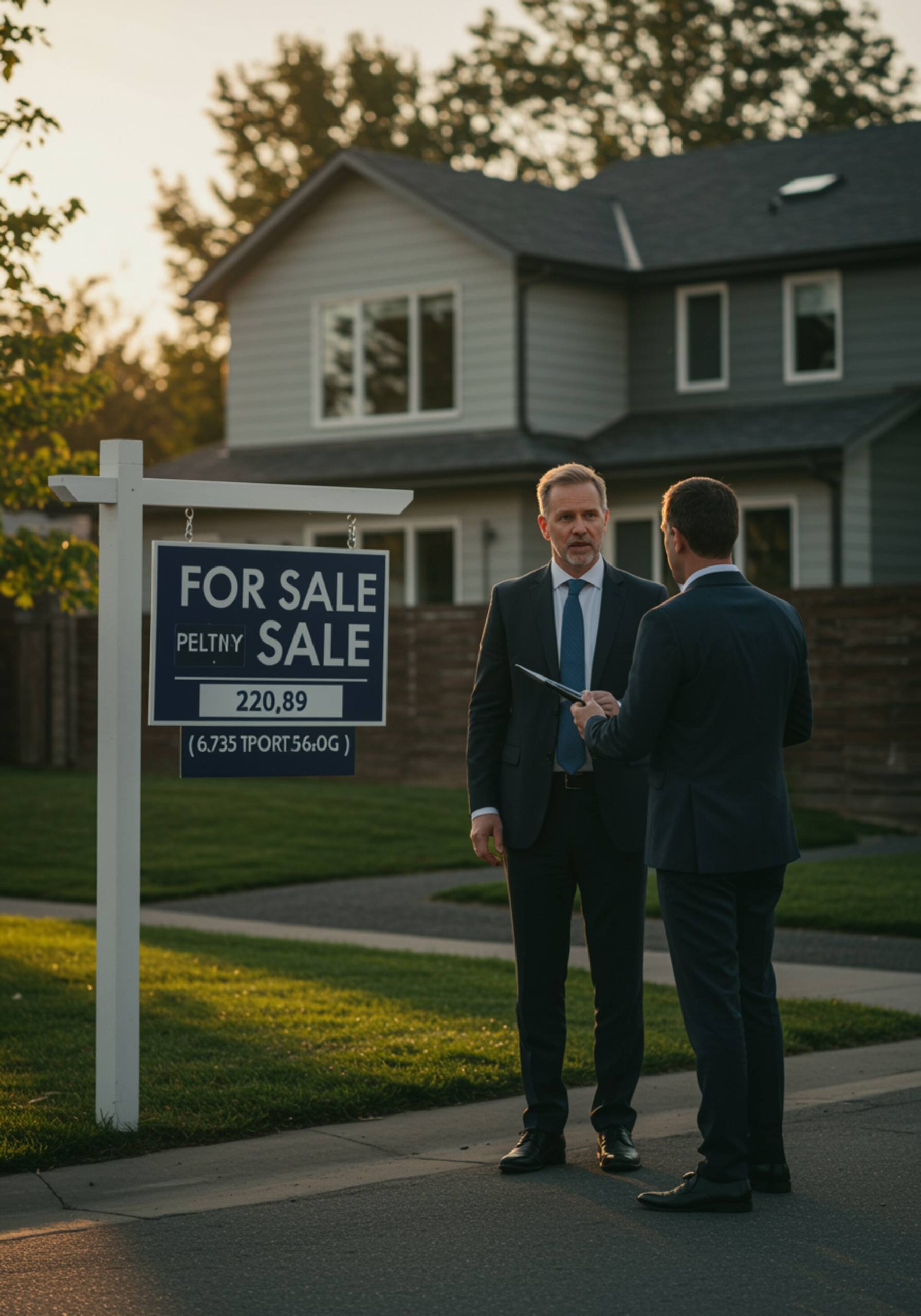 "Agente inmobiliario blanco en traje de negocios presentando una moderna propiedad residencial con cartel de 'Se Vende' en una calle suburbana elegante bajo luz de tarde cálida."
