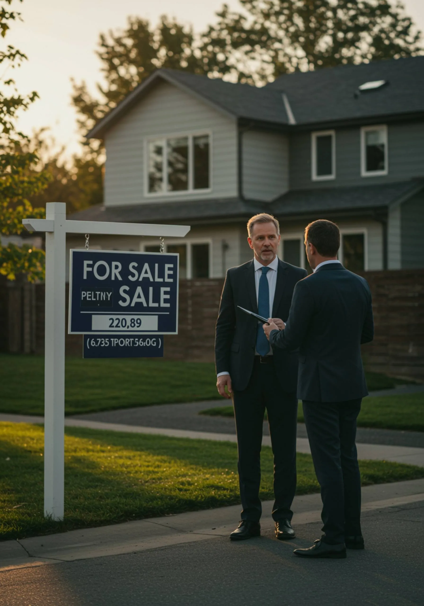 imagen20 "Agente inmobiliario blanco en traje de negocios presentando una moderna propiedad residencial con cartel de 'Se Vende' en una calle suburbana elegante bajo luz de tarde cálida."