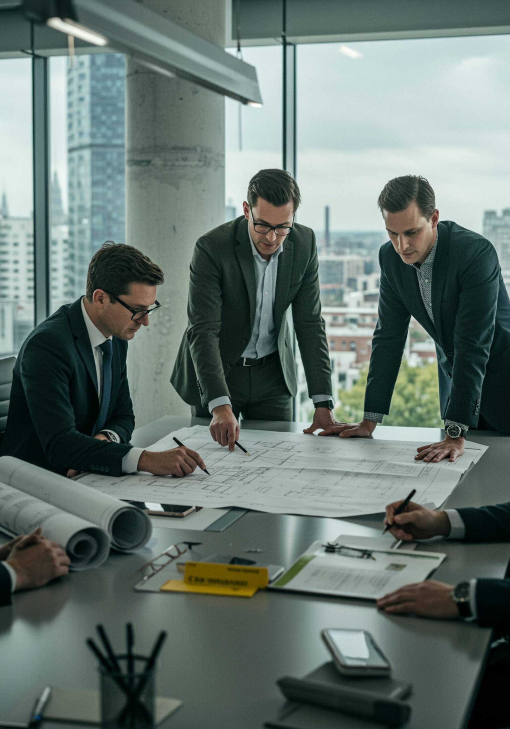 "Ilustración digital de alta resolución que muestra a tres gerentes de proyectos inmobiliarios revisando planos arquitectónicos en una oficina moderna, iluminada por luz natural y con detalles en verde oliva."