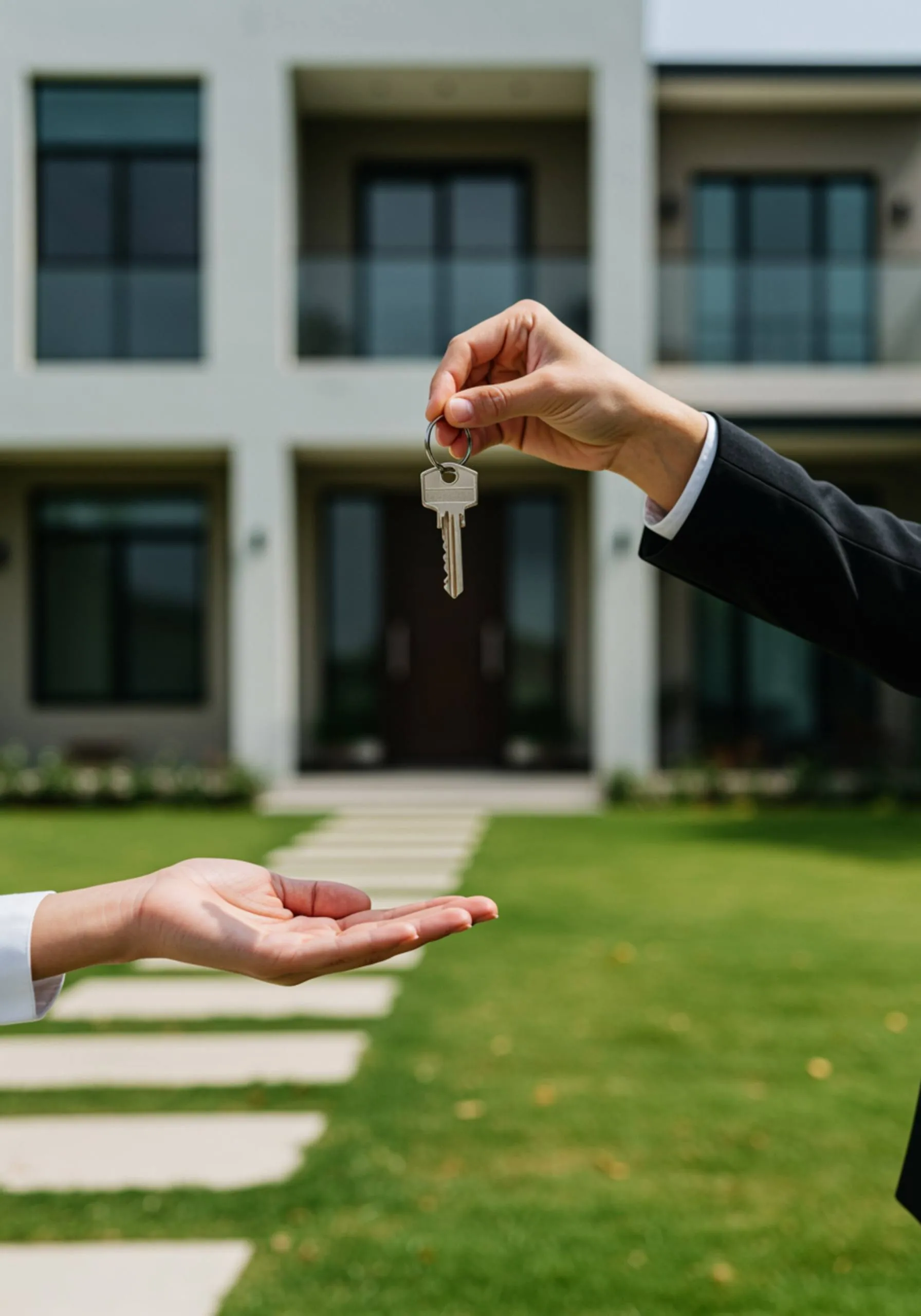 "Venta de activos inmobiliarios: corredor de bienes raíces entregando llaves a un nuevo propietario frente a una propiedad de lujo en un día soleado."