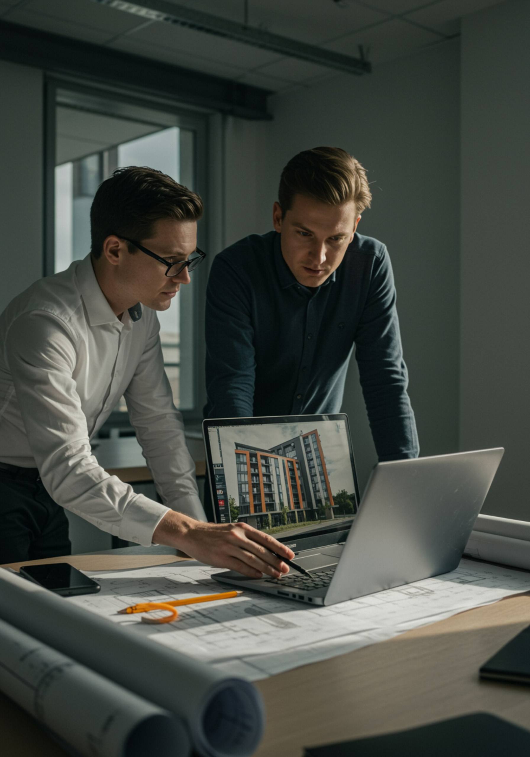 "Profesionales blancos revisando la fachada de un edificio en un laptop sobre planes de construcción en una oficina moderna iluminada por luz natural."