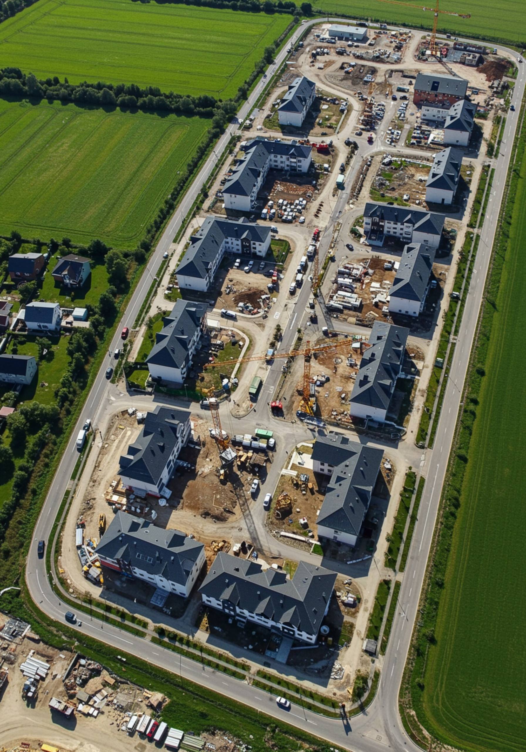 "Vista aérea en alta resolución de un desarrollo habitacional en construcción, con grúas, caminos recién pavimentados y campos verdes circundantes."